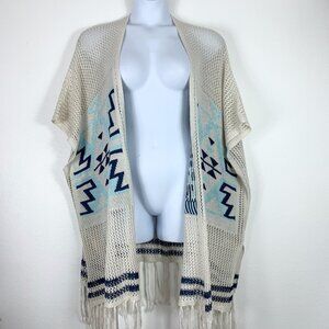 Areve Cardigan Sweater Fringe Ends Southwestern Design Blue Cream S M